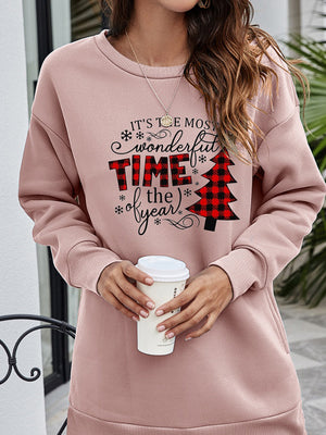 Dusty Pink tunic sweatshirt with holiday graphic and buffalo plaid Christmas tree.