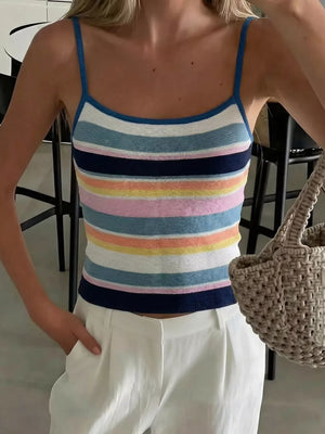 Vibrant striped knit sweater vest with a cropped fit and colorful horizontal stripes.