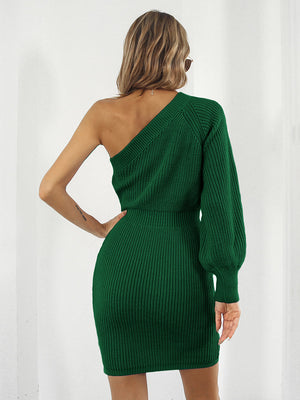 One-sleeve knit mini dress in Black Forest green with a balloon sleeve.
