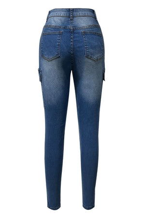 Medium wash skinny cargo jeans with multiple pockets