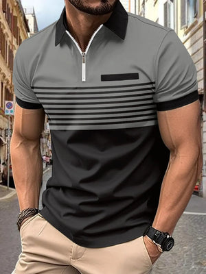 Colorblock zip polo shirt in gray and black with horizontal stripes and a chest pocket.