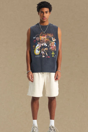 Black graphic muscle tank top with a bold print of figures and crosses.