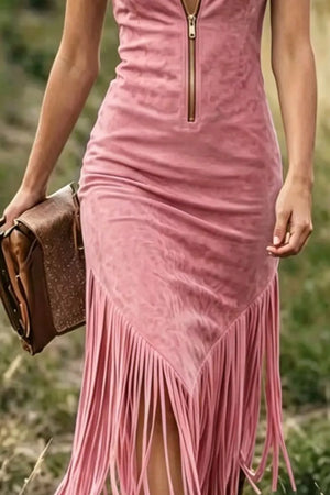 Dusty Pink midi dress with zipper and asymmetrical fringe detail.