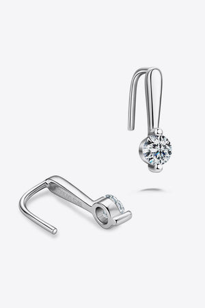 Silver moissanite hook earrings with minimalist sparkle and a single round-cut stone.