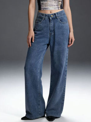 Maternity wide-leg jeans in blue denim with a high waist and a subtle bow detail at the back.