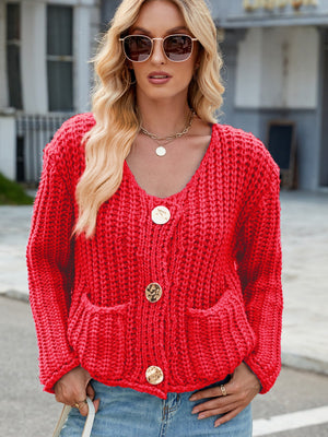 Chunky knit red cardigan with gold buttons and pockets