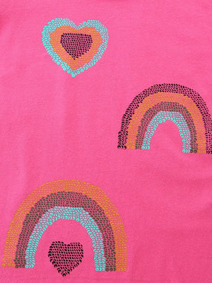 Bright pink cotton tee with sequin heart and rainbow appliques.