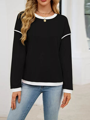 Contrast Trim Long Sleeve Sweatshirt in Black, close-up detail
