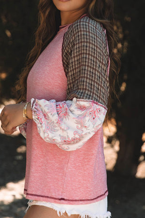 Paisley puff sleeve raglan tee in dusty pink with plaid and paisley print sleeves.