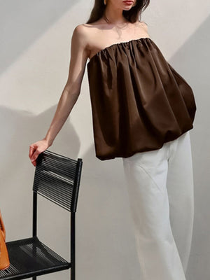 Dark brown strapless bubble hem top with gathered neckline.