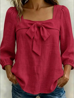 Full Size Bow Front Square Neck Blouse Plus Size, side view