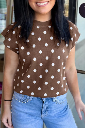 Dolman Sleeve Polka Dot Sweater in Dark Brown, front view