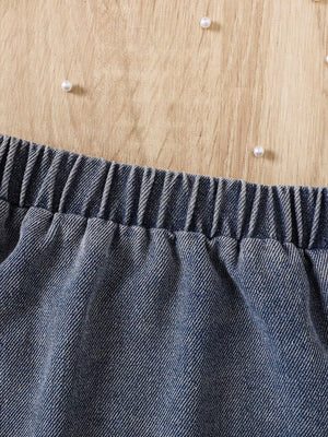 Children's Ruffled Mesh Top And Denim Skirt Set in Rose Red, close-up detail