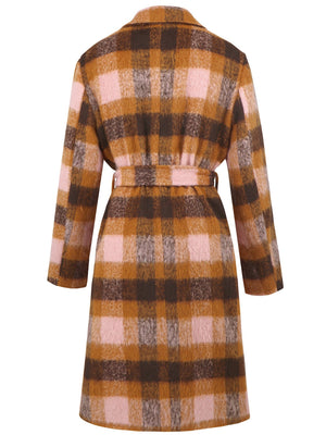 Belted overcoat in plaid bouclé with pink and brown tones.