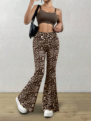 Leopard print bell bottom pants with a comfortable fit.
