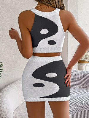 Black and white Yin Yang knit crop top and mini skirt set.