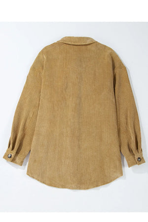 Camel corduroy overshirt with button-cuff sleeves and a classic collar.
