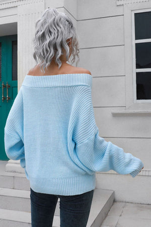 Light blue ribbed off-shoulder sweater with balloon sleeves