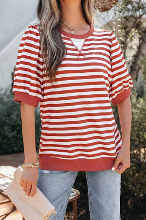 Bold Stripe Puff Sleeve T-Shirt in red and white polyester with crew neck and cuffed sleeves.
