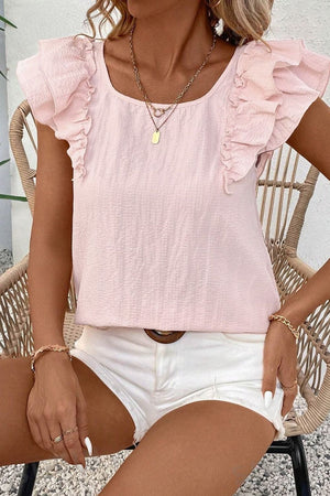 Blush pink blouse with ruffle cap sleeves and a square neckline.