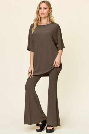 Oversized tee & flare leg set in mocha, casual loungewear with relaxed fit.
