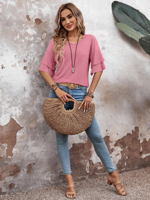 Tiered sleeve jersey tee in dusty pink with a v-neck and relaxed fit.