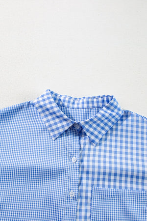 Light blue gingham oversized shirt with patch pocket and button front.