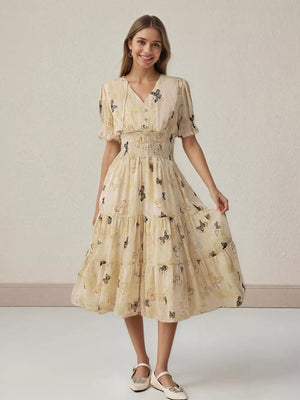 Beige butterfly print midi dress with smocked waist, V-neck, short ruffled sleeves, and tiered skirt.