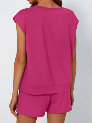 Relaxed cap-sleeve top and shorts set in Deep Rose, perfect for casual wear.