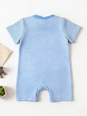 Blue and white striped baby bodysuit with short sleeves and a round neckline.