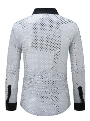 Men's silver openwork long sleeve shirt with black collar and cuffs.