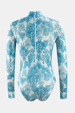 Geometric print high-neck long sleeve one-piece swimsuit in light blue with white zipper