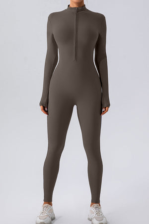 Sculpted zip-front long sleeve bodycon jumpsuit in Chocolate.