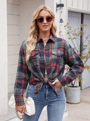 Emerald plaid overshirt with buttoned patch pockets, tied at the waist.