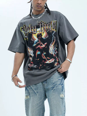 Grey cotton oversized t-shirt with Holy Night graphic print and distressed denim shorts.
