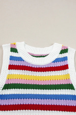 Rainbow stripe crochet tank top with white ribbed neckline and open knit sides.