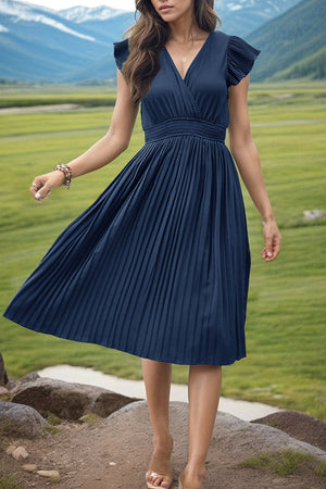 Dark blue pleated midi dress with flutter sleeves and smocked waist.