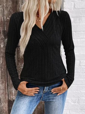 Ribbed V-neck Long Sleeve T-shirt in Grey, view 14