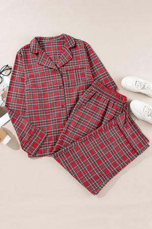 Crimson plaid relaxed fit pajama set with button-down top and elastic waist pants.