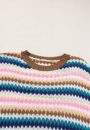 Textured knit sweater with brown contrast trim and a colorful chevron stripe pattern.
