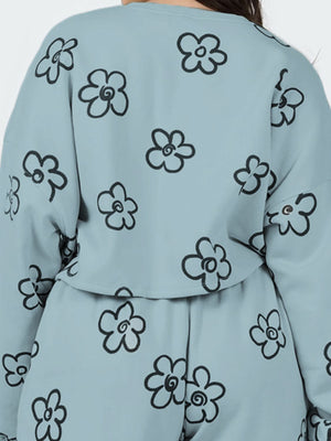 Teal cropped lounge set with black drawn floral pattern
