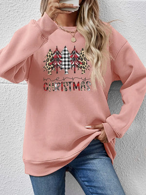 Blush pink crewneck sweatshirt with Christmas trees and buffalo plaid graphic print.