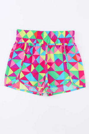 Geometric prism running shorts in multicolor with a high-waisted elastic band and side slits.