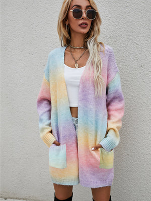 Rainbow gradient knit cardigan with pockets and open front.