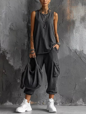 Casual Tank And Cargo Pants Set Plus Size in Sky Blue, front view