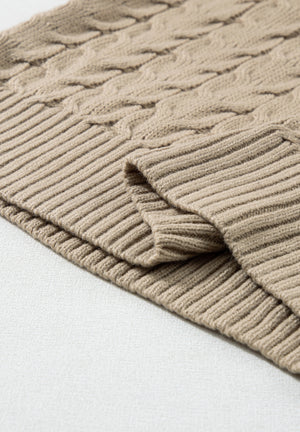 Khaki cable knit turtleneck capelet sweater with ribbed trim