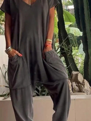 Loose Fit V-neck Short Sleeve Wide Leg Jumpsuit in Floral Gray, view 15