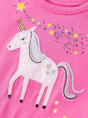 Pink cotton toddler dress with embroidered unicorn and stars detail.
