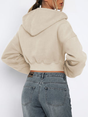 Khaki cropped zip-up hoodie with ribbed hem and hood.