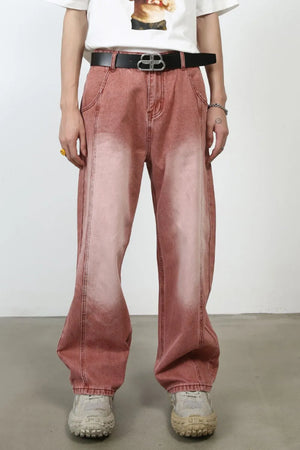 Relaxed Edge Denim Jeans in coral with a faded wash and wide leg